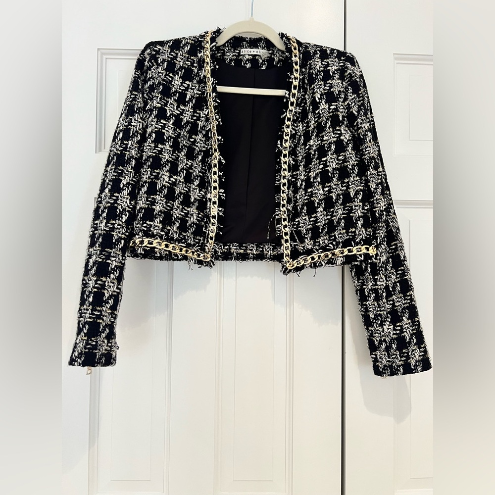 Alice + Olivia Black and White Cropped Tweed Blazer